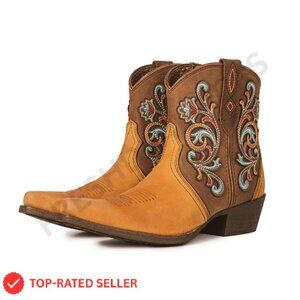 Western Cowboy Booties Embroidered Leather Ankle Boots Chunky Heel Classic